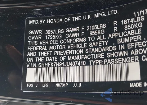 2018 Honda Civic Sport Touring z USA, uszkodzony, nr VIN SHHFK7H91JU407410